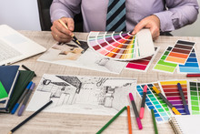 Elegant Designer Choosing Color For Painting Walls Your Dream Apartment Decoration.