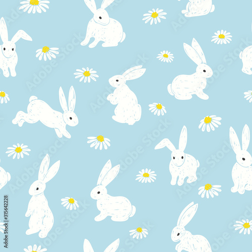Seamless Easter pattern with cute bunny and flowers Canvas Print
