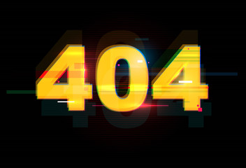 404 inscription in distorted glitch effect on black background. Digital abstract concept. Colorful stylish vector illustration for branding, cover, poster, print or web design.