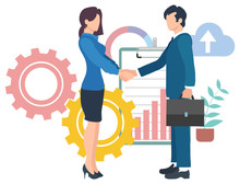 Workers Handshake, Employees Collaboration, Company Success. Graph Report And Development Icon, Team Cooperation, Business Contract, Agreement Vector