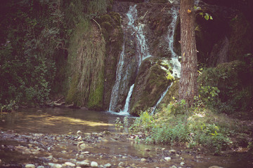 One of many beautiful waterfalls in wild forest.