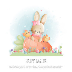 Wall Mural - Easter card with cute bunny and chicken in paper cut style. Vector illustration