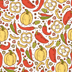 Vegetables and Spices Vector Seamless pattern. Hand drawn doodle: bell pepper, chili pepper, hot pepper, peppercorns.