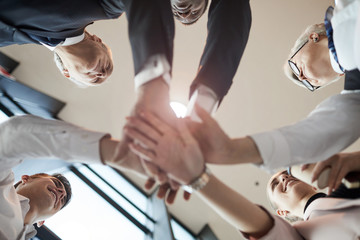 Wall Mural - Low angle view of business team holding hands and cooperating with each other during team work at office