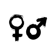 Gender Signs Of Ink Brushstrokes. Vector Grunge Symbol Of Venus And Mars. Dirty Textures Of Male And Female Icons.