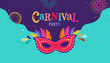 Carnival, party, Rio Carnaval, Purim background with confetti, music instruments, masks, clown hat and fireworks. Vector illustration