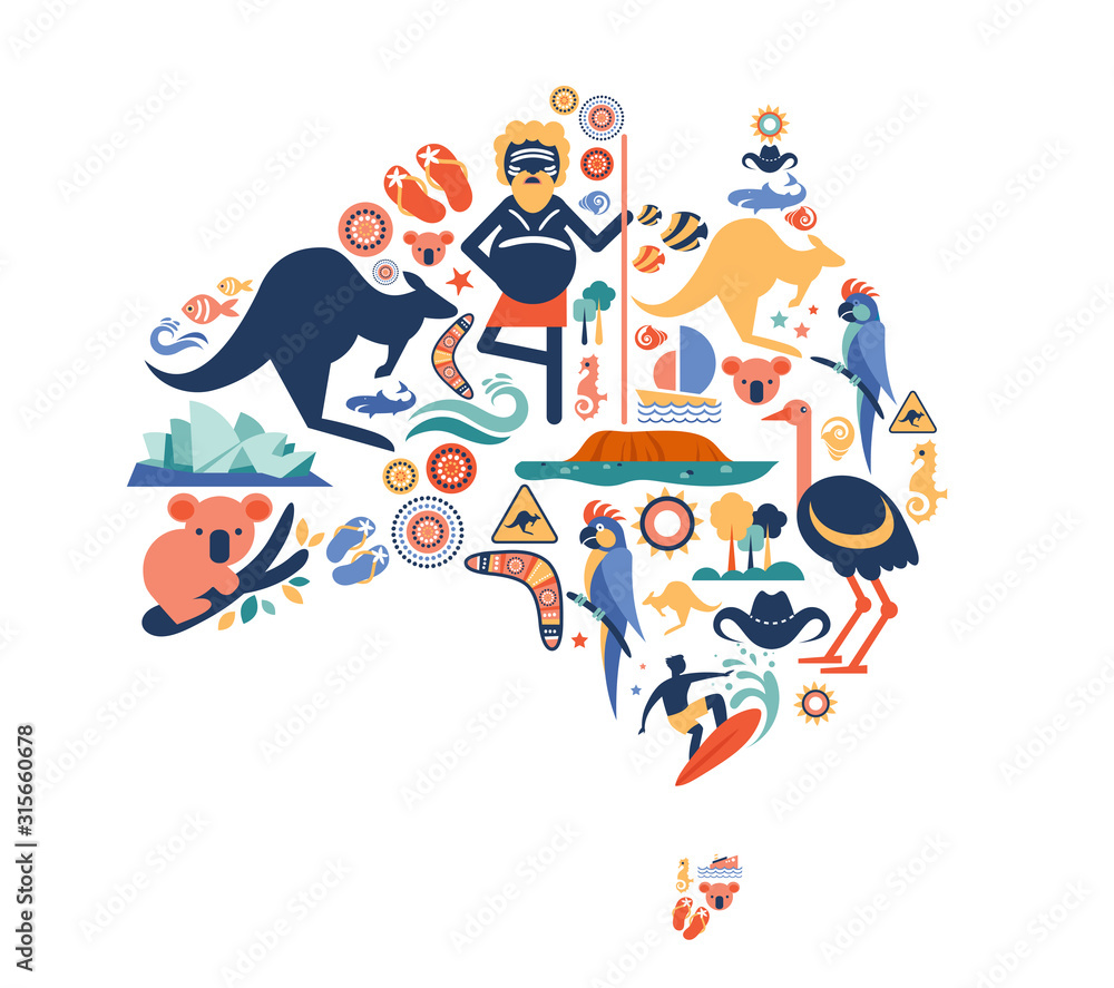 Australia illustration of map with many icons, symbols. Vector design - obrazy, fototapety, plakaty 