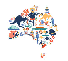 Australia Illustration Of Map With Many Icons, Symbols. Vector Design