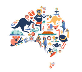 australia illustration of map with many icons, symbols. vector design