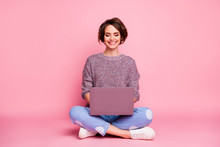 Portrait Of Her She Nice Attractive Lovely Charming Pretty Cute Cheerful Cheery Brown-haired Girl Sitting In Lotus Pose Using Laptop Typing E-mail Isolated Over Pink Pastel Color Background