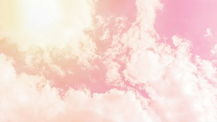 Wall Mural - Sunny orange pink sky background. Beautiful warm sky with clouds. Toned photo, 16:9 panoramic format