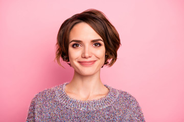 Close-up portrait of her she nice-looking attractive lovely pretty charming cute cheerful cheery brown-haired girl isolated over pink pastel color background