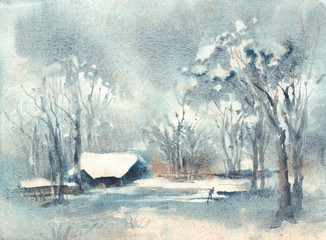 Watercolor landscape. Lighted windows in homes of quiet snowy winter's night