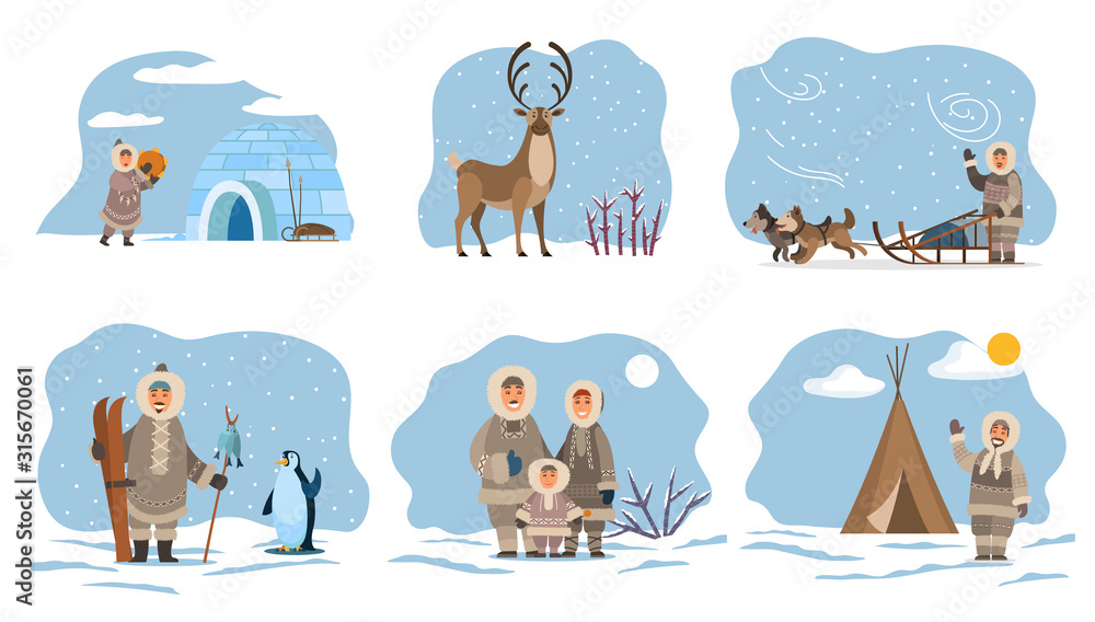Collection of eskimos people by home made of ice. Igloo and inuit, male character with fish on stick and penguin. Deer with long horns, animal of north. Man with dogs on sleds, vector in flat - obrazy, fototapety, plakaty 