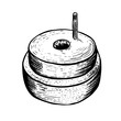 Hand millstones for grain with handle holder. Vintage. Hand realistic drawing. Engraving style vector illustration.
