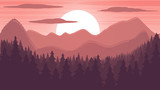 Fototapeta Na ścianę - Vector landscape. Pink sunset in the mountains above the forest. Stock background.
