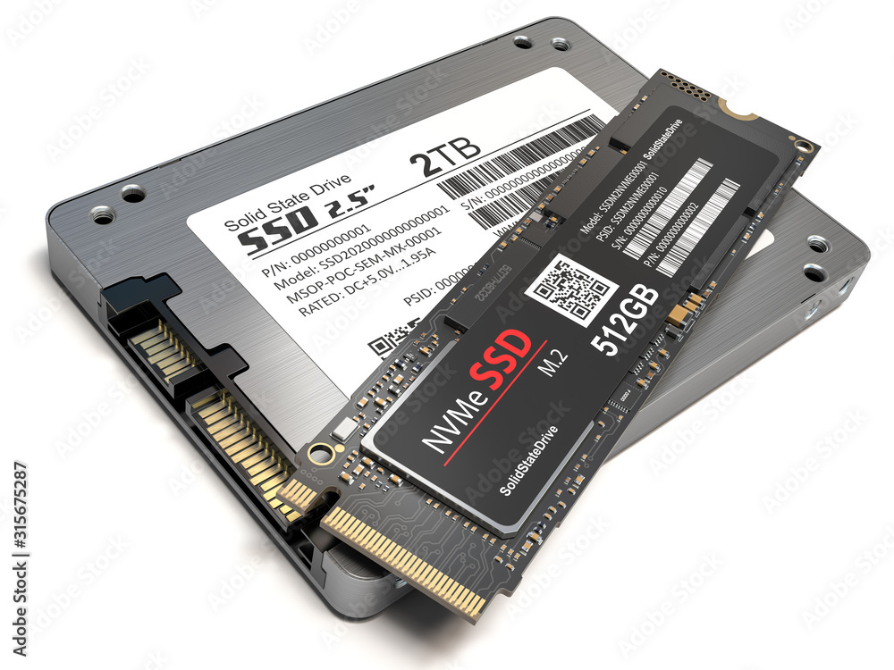 Different types of SSD disk drive isolated on white background. Classic ...