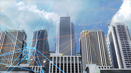 Wall Mural - 3d technology background with city skyscrapers and plexus.