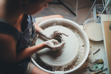 Shot Of A Unrecognizable Woman Molding Clay On A Pottery Wheel In Her Workshop, Creative People Handmade Ceramic Dishware Hobby Pottery Workshop