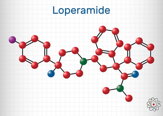 Poster - Loperamide, long-acting synthetic antidiarrheal molecule. Structural chemical formula and molecule model. Sheet of paper in a cage