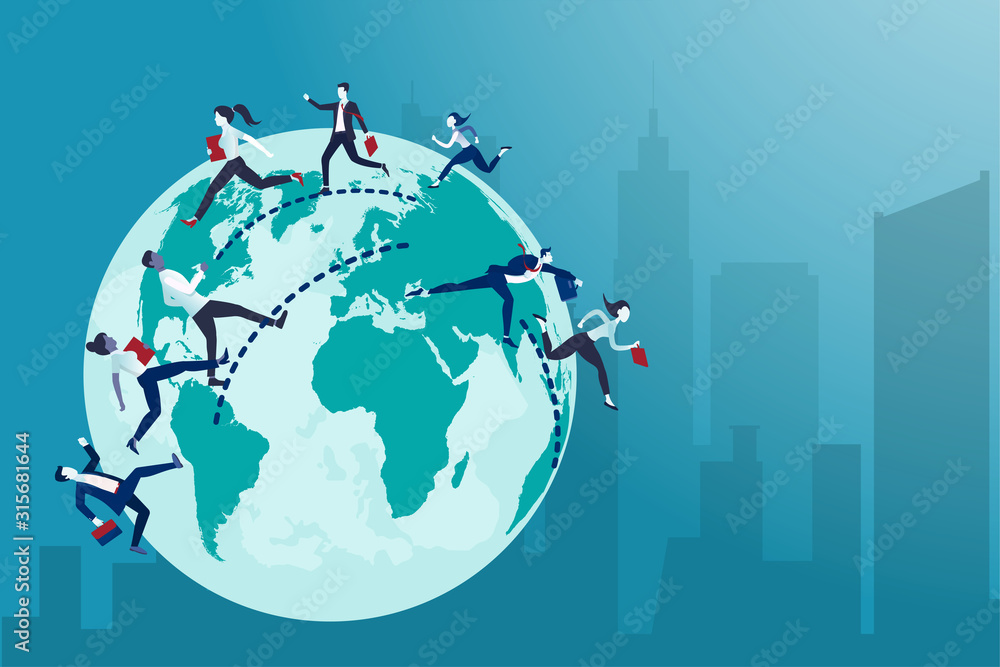 Vector of business people running from one country to the other - obrazy, fototapety, plakaty 