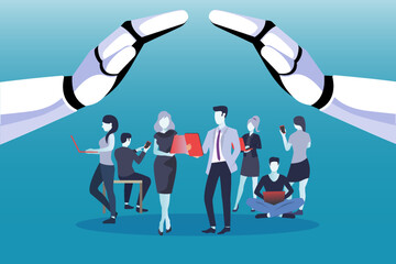 Wall Mural - vector of business people using mobile devices being protected by robot hands