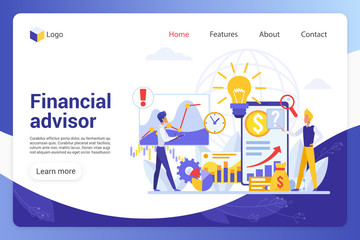 Wall Mural - Financial advisor landing page vector template. Business analysts faceless characters. Company promotion, risk assessment, analytics and statistics web banner homepage design layout