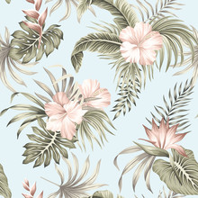 Tropical Vintage Hibiscus Flower, Palm Leaves Floral Seamless Pattern Blue Background. Exotic Jungle Wallpaper.