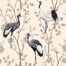 Vintage Garden Tree, Crane Bird Floral Seamless Pattern Pink Background. Exotic Chinoiserie Wallpaper.