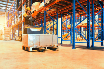 Wall Mural - Interior of warehouse worker driving forklift with cargo pallet, Worker inspecting details checklist of the products on tall shelves