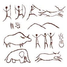 Rock Painting Cave Old Art Symbol Hand Drawn Vector Illustration. Prehistoric Animal And Traditional Primitive People Hunting Ornament Isolated On White Background