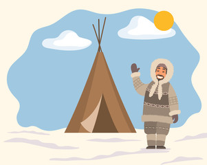 Smiling arctic person in traditional warm clothes standing near tent on snowy landscape. Man hunter in hood waving hand near stall. Eskimo cartoon character outdoor snow and sunny weather vector