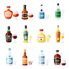 Sticker - Alcohol drink bottles and glasses. Vector flat cartoon isolated illustration. Bar menu design elements