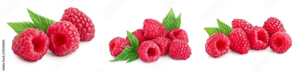 Ripe raspberries with leaf isolated on a white background, Set or collection - obrazy, fototapety, plakaty 