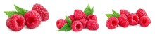 Ripe Raspberries With Leaf Isolated On A White Background, Set Or Collection