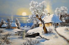 Oil Paintings Rural Landscape, Winter Landscape With Trees And Snow, Boat In River. Fine Art.