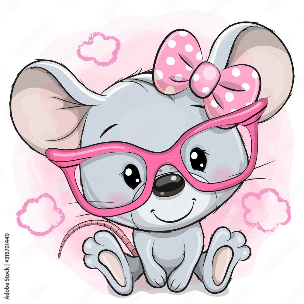 Cartoon Mouse with pink glasses on a pink background - obrazy, fototapety, plakaty 