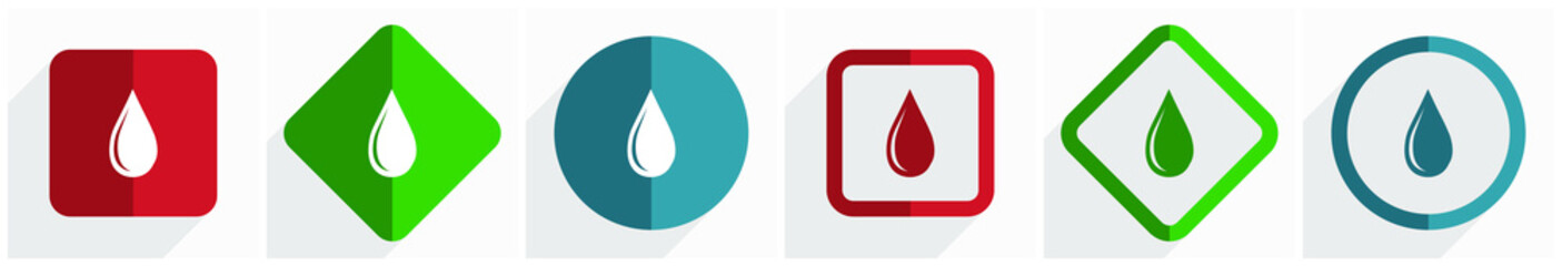 Leinwandbilder - Water drop icon set, flat design vector illustration in 6 options for webdesign and mobile applications in eps 10