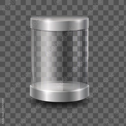 Fotomural Empty round 3d capsule glass showcase front view vector graphic illustration