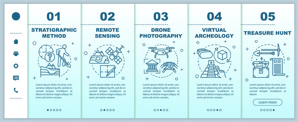 Archeology methods onboarding mobile web pages vector template. Treasure hunt. Responsive smartphone website interface idea with linear illustrations. Webpage walkthrough step screens. Color concept