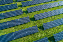 Bavaria, Germany, Rows Of Solar Panels Arranged On Grass