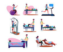Set Of People During Medical Procedures. Flat Vector Illustrations Of People Doing Physical Exercises. Physical And Mental Health Care Concept For Banner, Website Design Or Landing Web Page