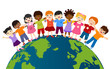 © melita - Earth globe with group of multiethnic and diverse children standing together and embracing each other. Diversity and culture. Unity and friendship. Community. Multicultural kindergarten