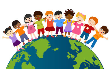 earth globe with group of multiethnic and diverse children standing together and embracing each othe
