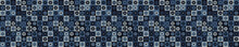 Indigo Blue Heart Mosaic Vector Border Seamless Pattern. Hand Drawn Daisy Dot Valentines Love Banner Background. Trendy Monochrome Masculine Decorative Washi Paper Tape. Navy Blu Fashion Ribbon Trim