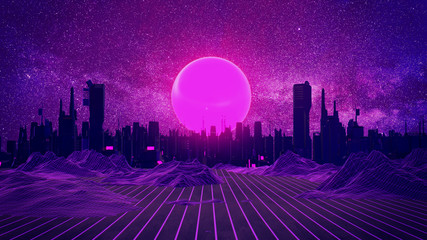 Wall Mural - RETRO CITY SKYLINE: Neon glowing sun and starry sky | Synthwave / Retrowave / Vaporwave Background | 3D Illustration