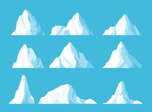 Icebergs In Ocean Flat Vector Illustrations Set