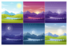 Nature Landscapes At Different Day Time Flat Vector Illustrations Set