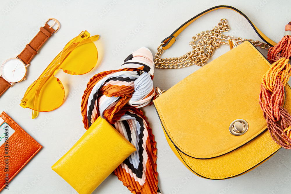 Flat lay with woman fashion accessories in yellow colors. Fashion blog, summer style, shopping and trends idea - obrazy, fototapety, plakaty 