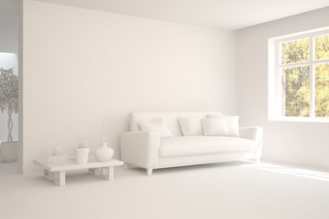 Mock up of stylish room in white color with sofa. Scandinavian interior design. 3D illustration